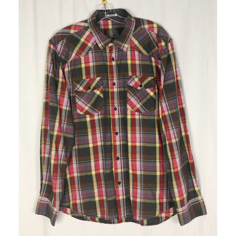 Bugatchi Men's Shirt Shaped Fit Plaid 100% Cotton Red, Gray, Yellow Size M